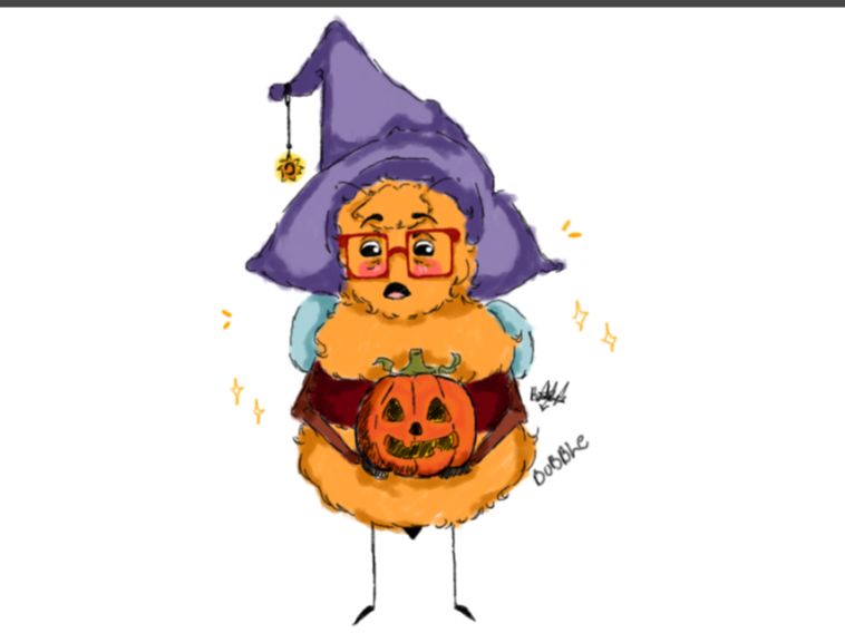 Desenho de uma abelha com chapéu de mago que na ponta tem um sol pendurado, ela segura uma abobora e está muito surpresa.