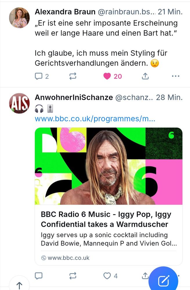 Beitrag von Alexandra, direkt darunter ein Beitrag mit einem Foto von Iggy Pop mit langen Haaren und Bart.