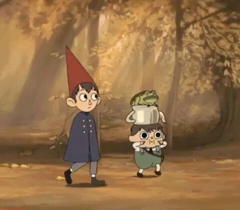 a couple of cartoon characters are walking through a forest . one of the characters is carrying a frog on his head .