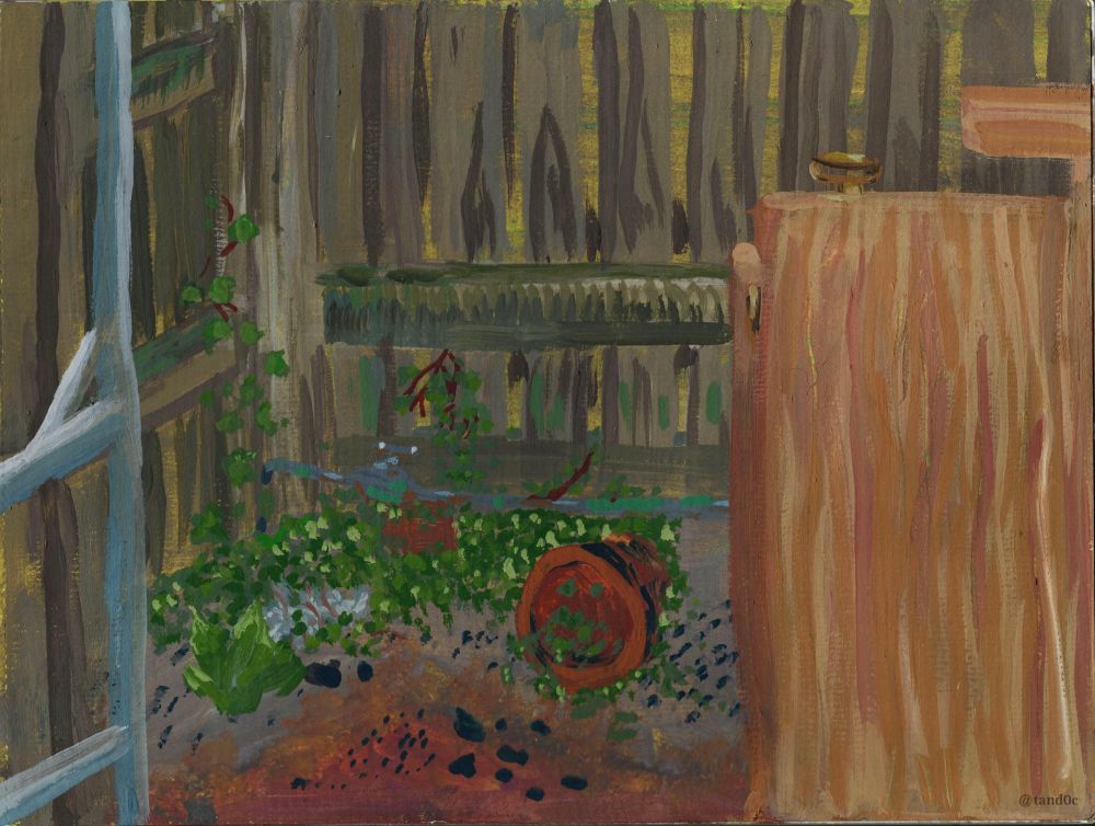 painting of weeds against a fence. A painted gate on the left and an up close easel on the right. There is a fallen terracotta post amongst the weeds