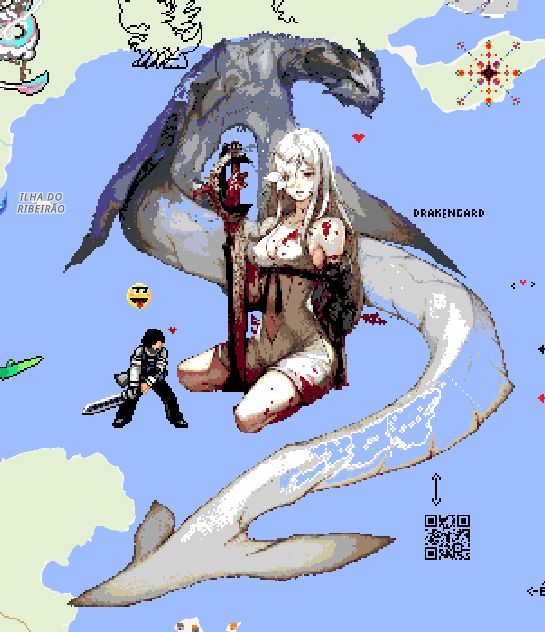 Pixel art of the box art of Drakengard 3, specifically of the characters Zero and Mikhail.  Next to her is pixel art of Caim, the main character of Drakengard.