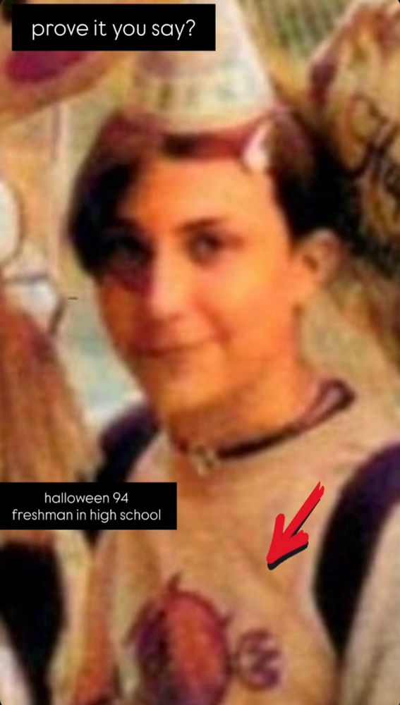 Second screenshot from Frank Iero’s Instagram story, posted August 3, 2025. It is a picture of him from high school, taken on October 31, 1994 - his birthday. He is wearing a party hat, a hair clip in his hair, a backpack, and a Toadies T-shirt. He has written, “Prove it you say? Halloween 94, freshman in high school.” 