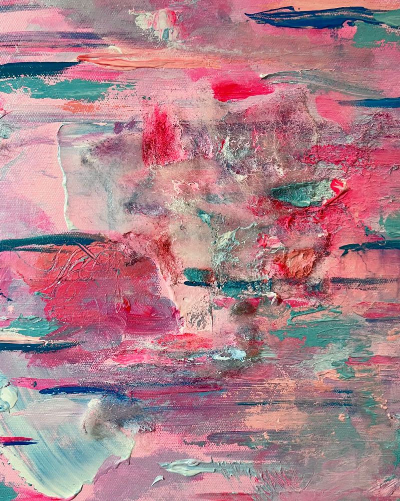 Unfinished abstract painting closeup with pink, purple and blue hues. There is felted wool pressed onto the canvas and painted on. Textures vary from rough to smooth. There are canvas knife marks on the canvas. Painting by Ella Pesonen.