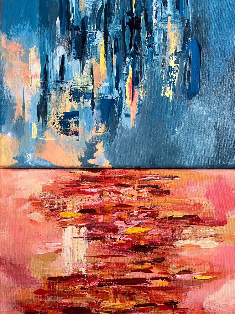 Two abstract paintings forming a complementary colour pair of blues and oranges. Both paintings by Ella Pesonen.