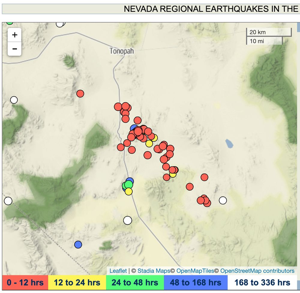 Terrane map displaying an area of Nevada including Tonopah and Goldfield.  Over 40 red circles lie in a NW-SE line with some scattered circles of other colors.  The legend says red circles are earthquakes in the last 12 hrs and the other colors reflect earthquakes 24-336 hours ago.  This shows that the current cluster of earthquakes started today.