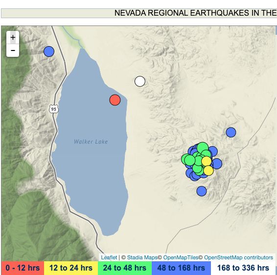 Shaded terrane map showing Walker Lake, Nevada, with a cluster of colorful dots representing earthquake epicenters in the hills east of the lake.  The dots are mostly blue, several green and two yellow, so none have occurred in the last 12 hours (no reds) and very few in the last 24 hours (the two yellows), with the majority more than 48 hrs ago (blue).  A few dots closer to walker lake are also small earthquakes which are not co-located with the swarm but are NW of it.