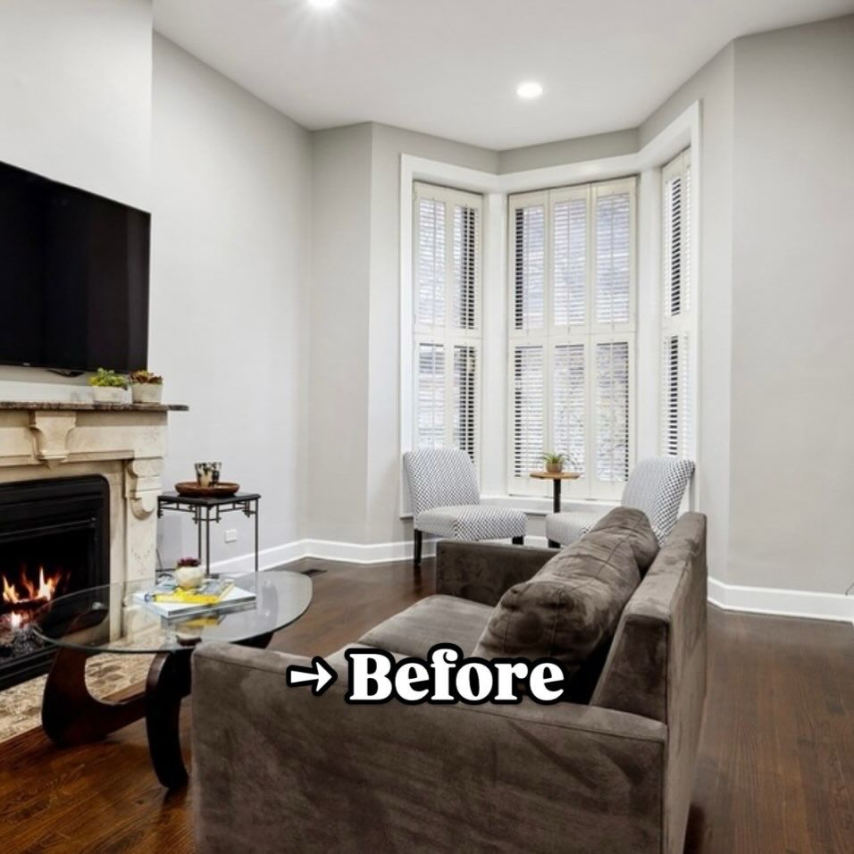 Before photo of a Victorian row home living room featuring gray walls, gray and black furnishings and an Eastlake marble fireplace with a green granite mantle. 
