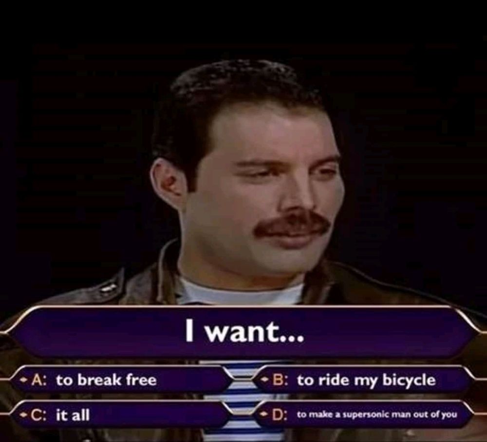 Freddie Mercury not sure what he wants, therefore deciding to publish it separately in different songs? Picture from the internet.