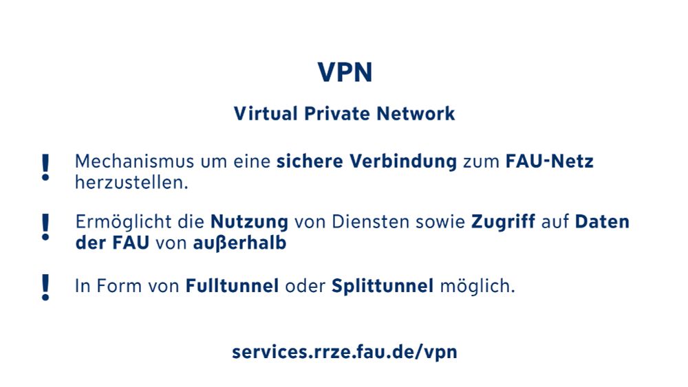 Hier befindet sich erneut die Überschrift „VPN“ mit der Unterüberschrift: „Virtual Private Network “. Darunter steht ein Text, der in 3 Stichpunkte gegliedert ist: 1. Mechanismus um eine sichere Verbindung zum FAU-Netz herzustellen, 2. Ermöglicht die Nutzung von Diensten sowie Zugriff auf Daten der FAU von außerhalb, 3. In Form von Fulltunnel oder Splittunnel möglich. Darunter befindet sich der Link: services.rrze.fau.de/vpn