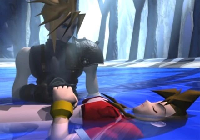 Sceen shot from the video game Final Fantasy VII where Cloud lays Aerith's body to rest.