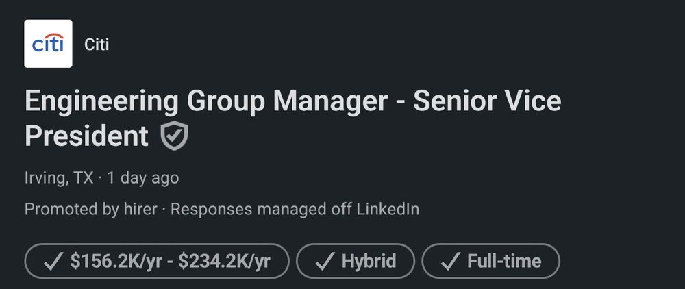 Engineering Group Manager - Senior Vice President

Irving, TX 1 day ago

Promoted by hirer Responses managed off Linkedin

$156.2K/yr - $234.2K/yr

✓ Hybrid
