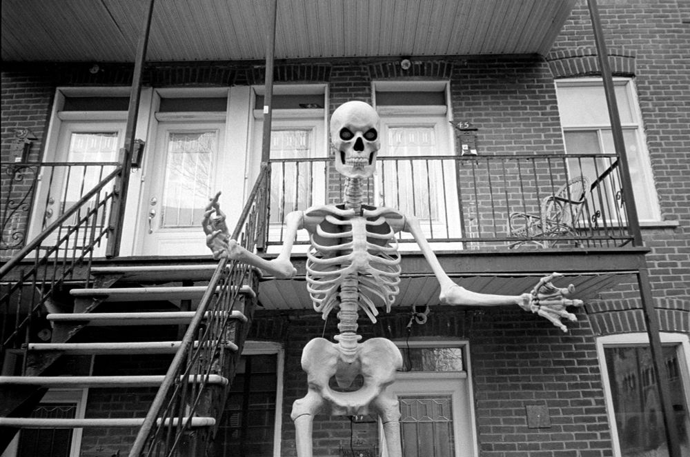 A very large skeleton rises up to the second floor of an apartment building, its arms spread wide.