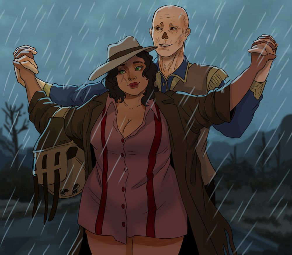 Cooper Howard and a plus size, OC, Cora in the rain together. He's standing behind her holding her arms up while she dons his duster, hat, and saddle bag. They're both trying to appear harmless to get into a settlement. Cooper is using his Vaultie to sneak in. 