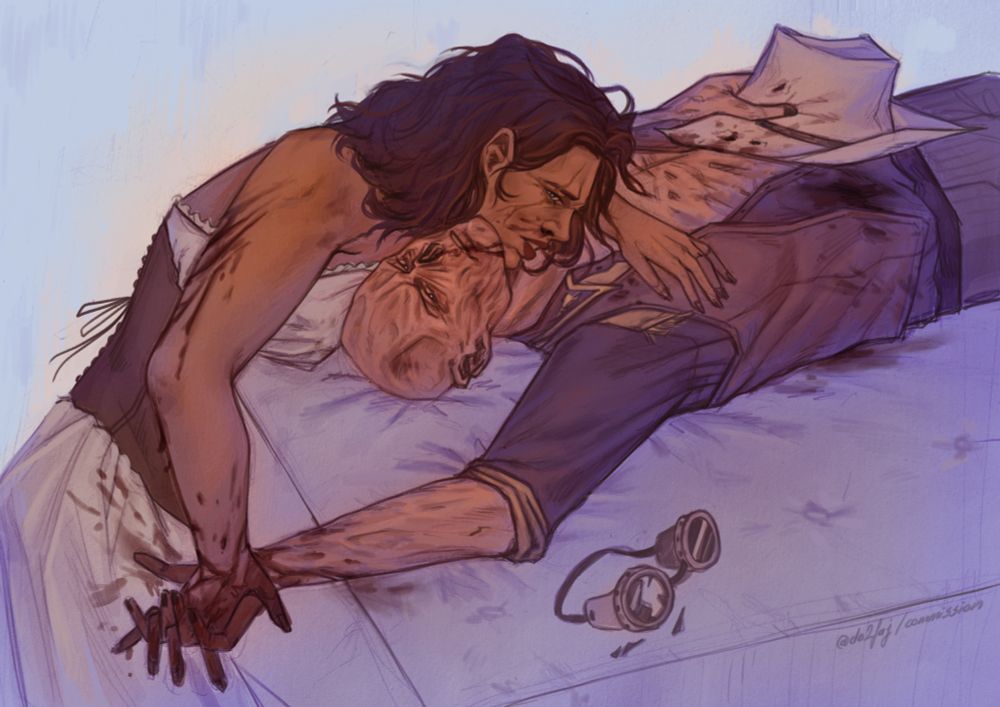 A plus size OC, Cora, throwing herself over a wounded Cooper Howard/The Ghoul from Fallout. They're both beaten up and bloodied. Their hands are clasped as they cling to each other