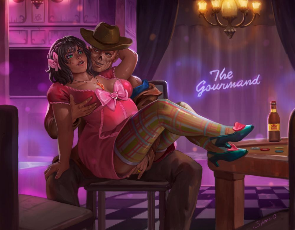Cooper Howard/The Ghoul from Fallout seated with a plus size OC, Cora, in his lap. They're at The Gourmand in New Vegas. His hand is slipping between her legs as he feels her up bc he just can't help himself. 