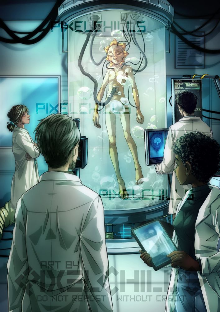 Digital artwork of Animutant Sunrise inside a big incubator, filled with bubbles and cables. Four doctors in white labcoats are looking at the incubator. The room is filled with cables and tech, providing information about the creature inside the tube.