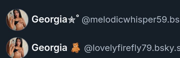 Screenshot of 2 bots named Georgia, same picture for both, @melodicwhisper59 and @lovely firefly79