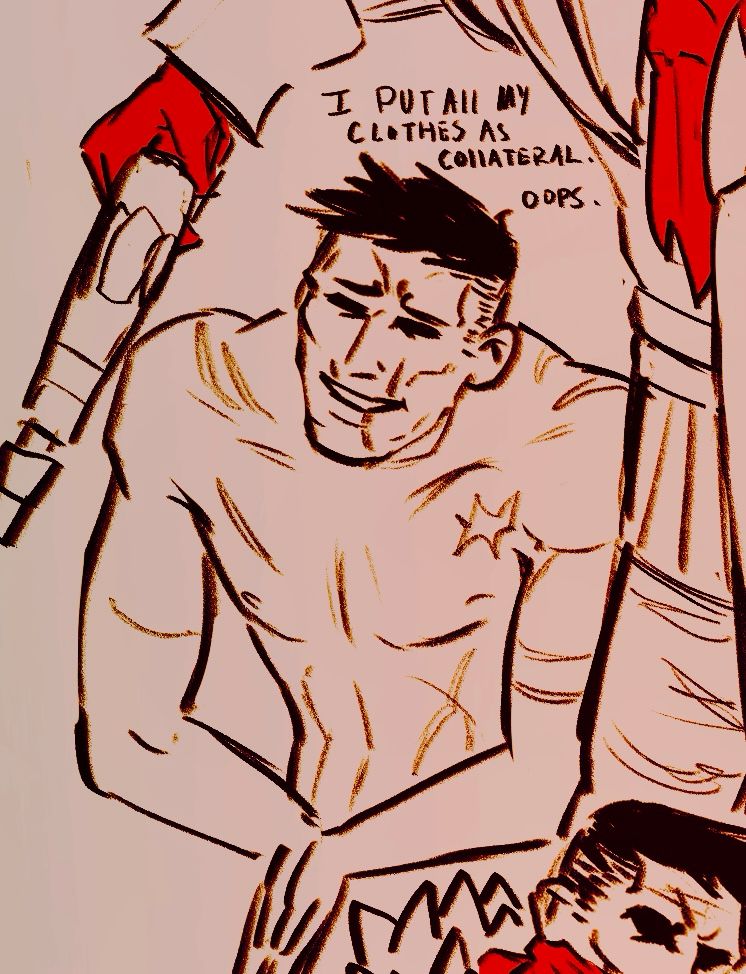 Dismas naked holding his hands together covering his crotch, smile grimacing saying “I put my clothes up for collateral. Oops.”