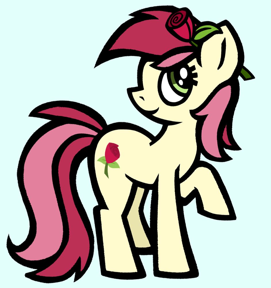a digital illustration of roseluck from my little pony. she is standing with her left fore hoof raised, while smiling and glancing up at a rose tucked behind her ear