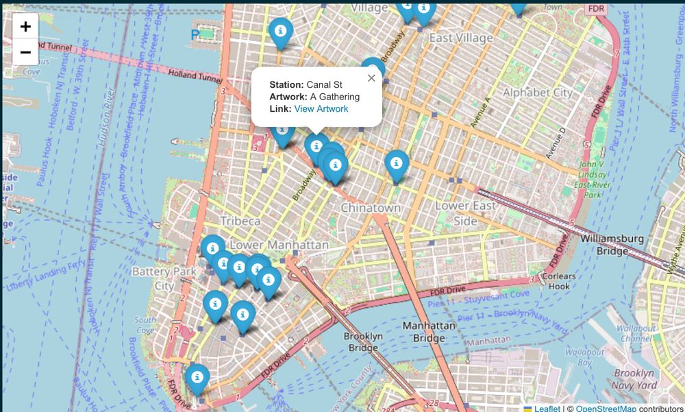 A screenshot of New York mapping out the Artworks displayed on MTA services