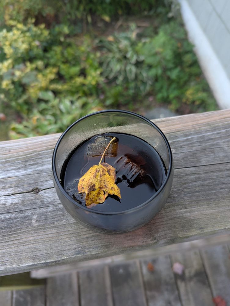 A rum and coke with a yellow leaf in it
