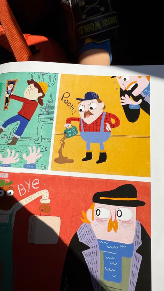 A picture book page featuring several colorful panels and fishermen