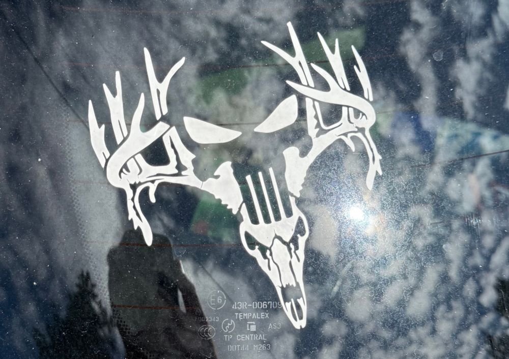 A sticker on a car window that combines the punisher logo and a deer or elk skull? I guess?