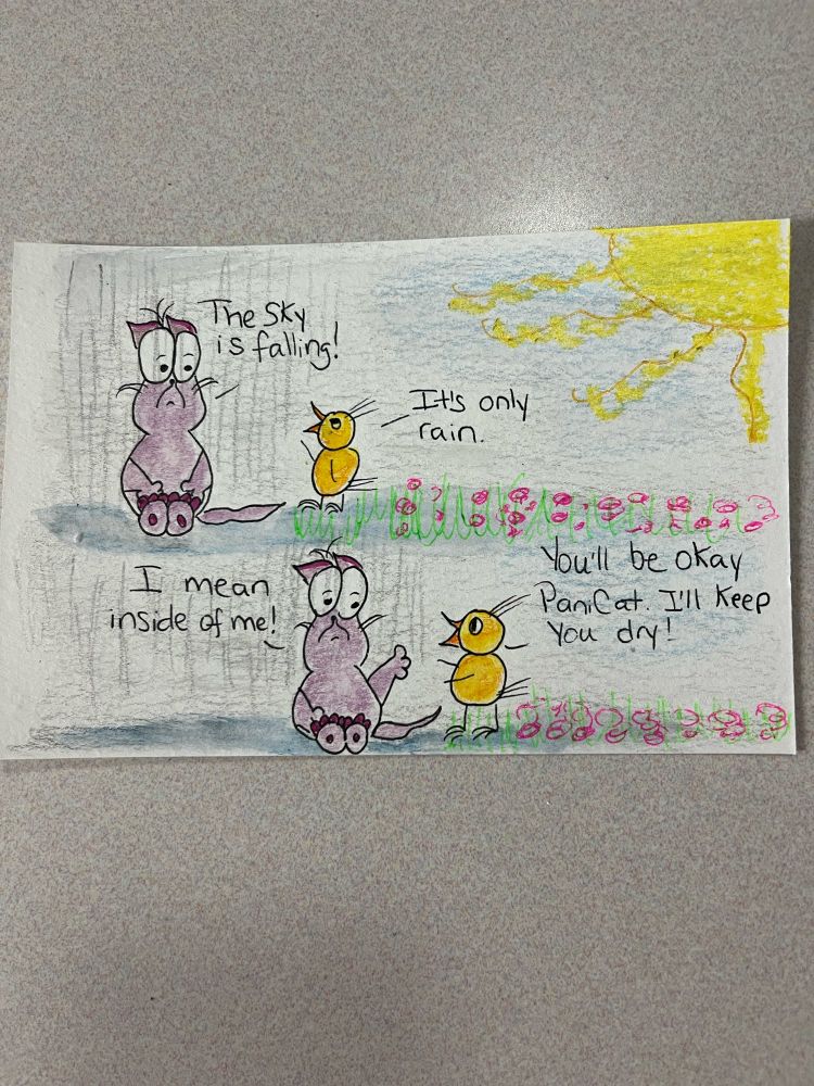 Cartoon of cat and chick talking. The cat is feeling anxious and sad. The chick us reassuring him. 