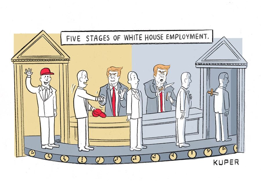 Cartoon "The five stages of White House employment" which shows a new employee entering with a red MAGA hat but leaving with a knife in his back. 