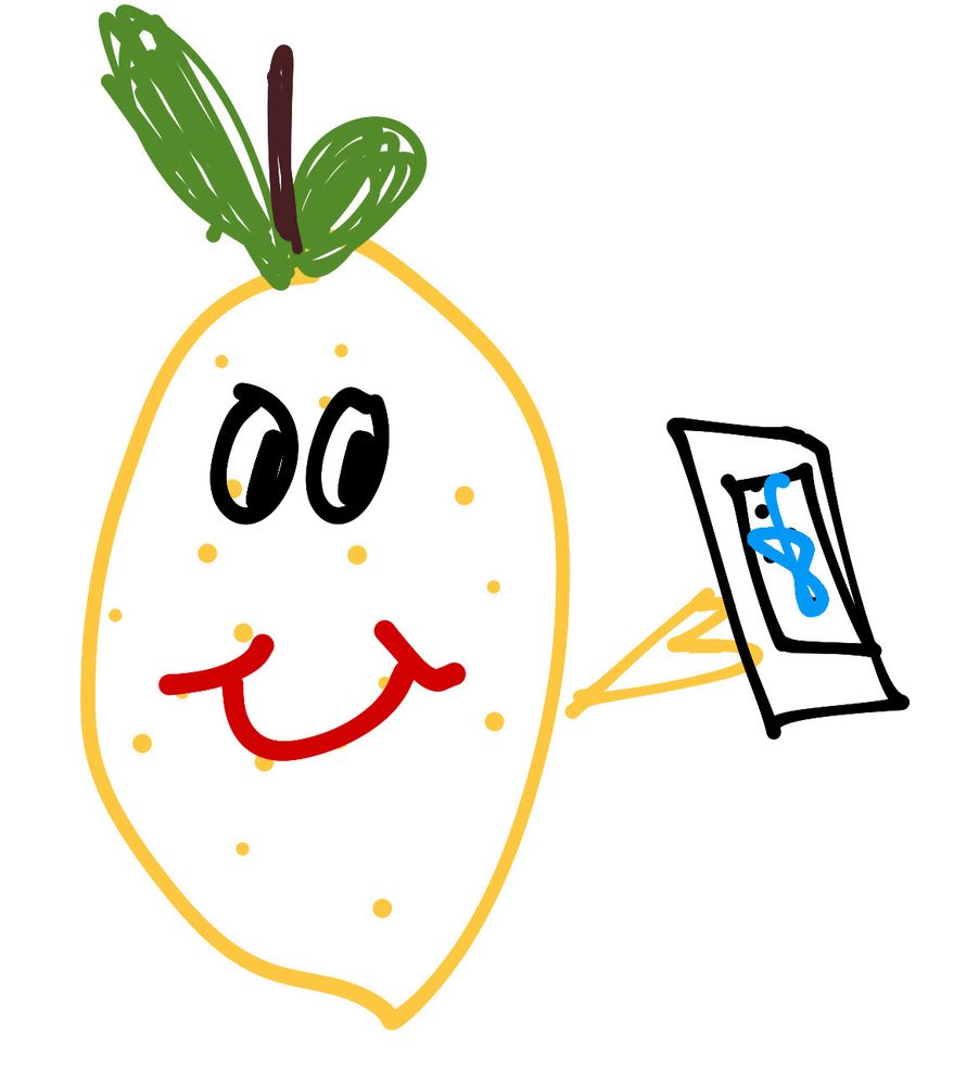 Eine Zitrone mit Handy in der Hand die grinst 