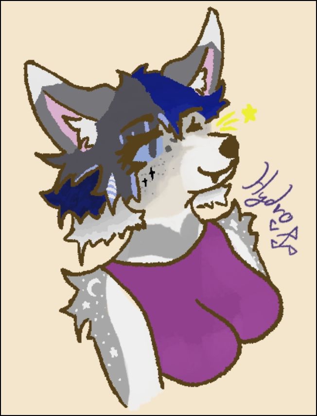 A furry dog with a grey palette, a purple tank top and half of their hair being blue