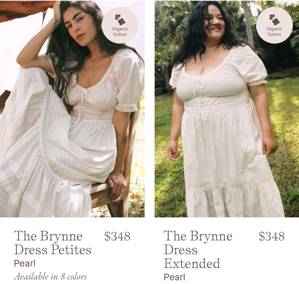 On the left a thin model is wearing a prarie style white gathered dress with room in the bust and ample room in the hips for a relaxed, comfortable fit. The plus sized model on the right is *theoretically* wearing a larger size of the same dress but the fit it very different. The bodice is much tighter and there is not a ton of room in the hips. The fit is completely different from the one on straight size model.