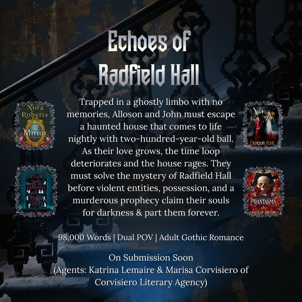 a background with stairs and a peeling blue wall with images of four book and movie covers (The Mirror by Nora Roberts, The Spirit Collection of Thorne Hall, Crimson Peak, and Phantasma by Kaylie Smith). White text that reads: ECHOES OF RADFIELD HALL. Trapped in a ghostly limbo with no memories, Alloson and John must escape a haunted house that comes to life nightly with two-hundred-year-old ball. As their love grows, the time loop deteriorates and the house rages. They must solve the mystery of Radfield Hall before violent entities, possession, and a murderous prophecy claim their souls for darkness & part them forever. 98,000 words. Dual POV. Adult Gothic Romance. On Submission Soon. Agents: Katrina Lemaire & Marisa Corvisiero of Corvisiero Literary Agency.