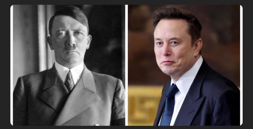 Depiction of both infamous fascist leader of Nazi Germany, Adolf Hitler (left), and infamous billionaire loser fascist who leads nothing, Elon Musk (right).  