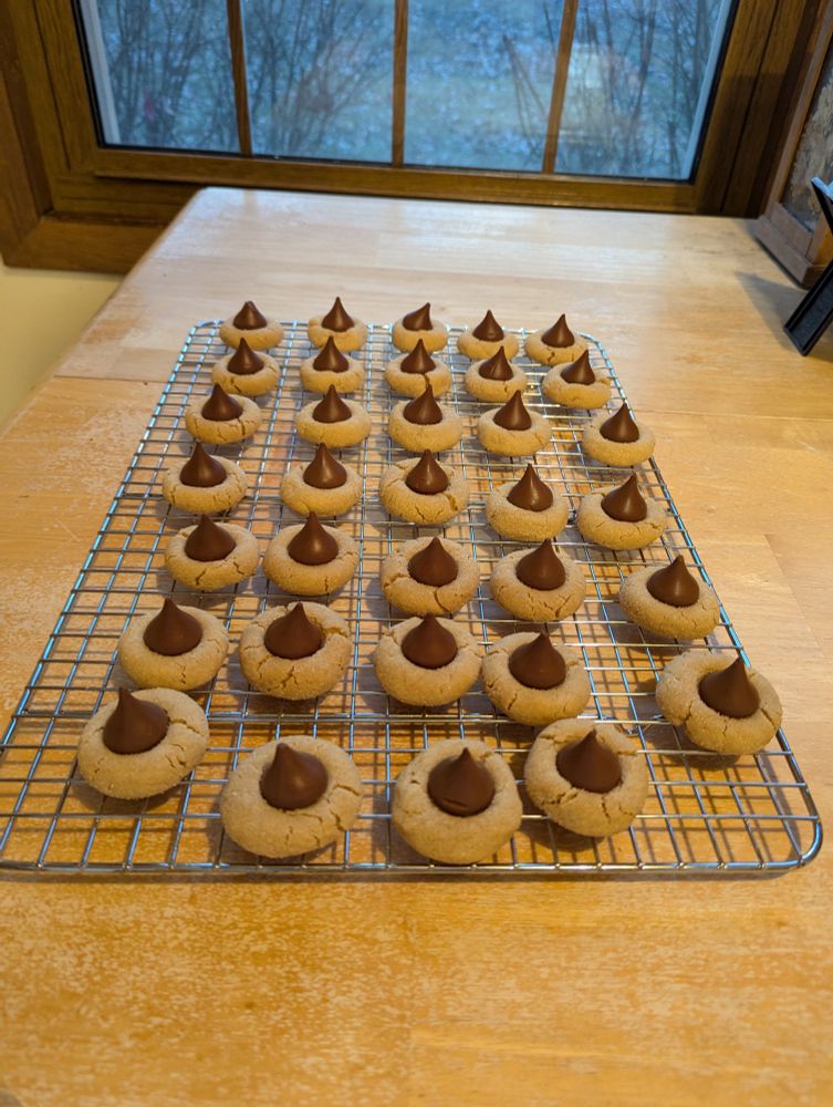 Almost 3 dozen cookies. Peanut butter blossoms: peanut butter cookies with a Hershey's kiss. 