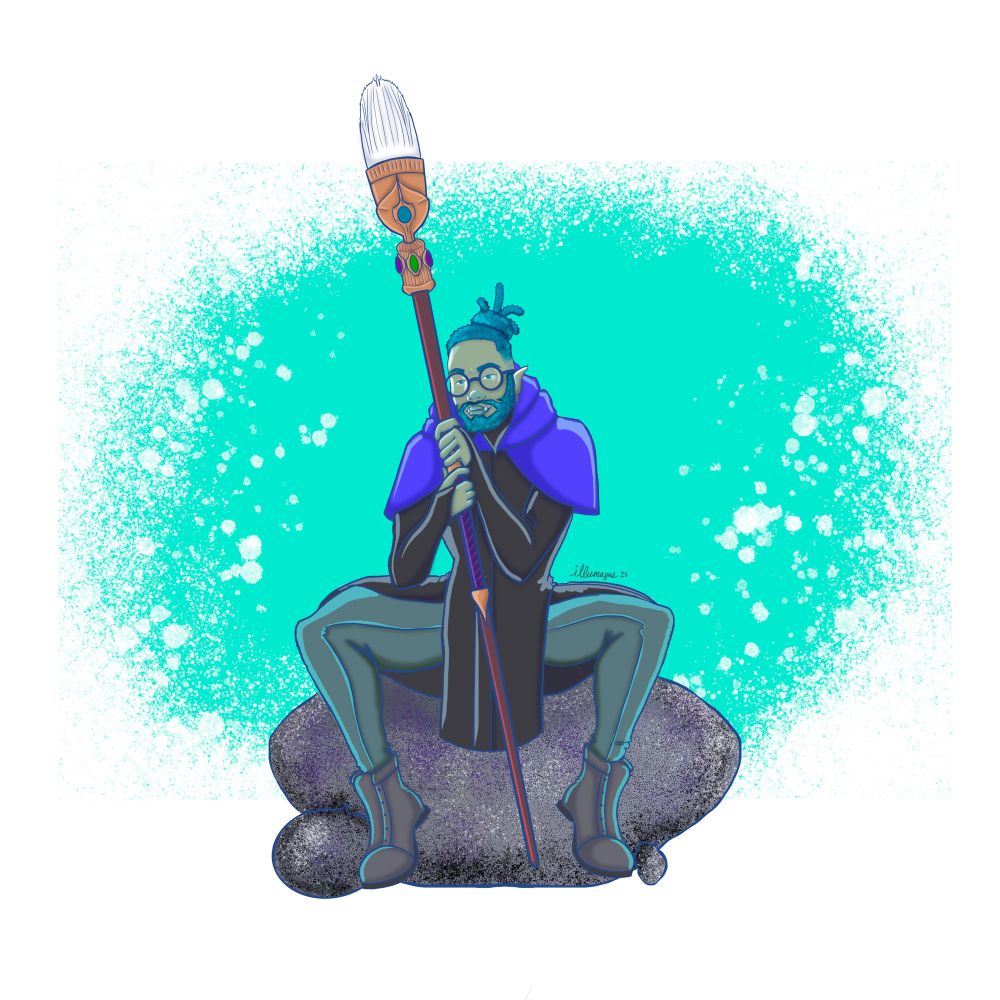 An illustration of an orc mage with glasses and blue dreadlocks. He’s sitting, holding a paintbrush staff.