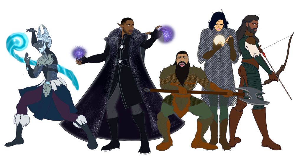 A group illustration of a dnd party. From left to right, a grey skinned orc Draconic Sorcerer, a brown skinned elf Twlight Cleric, a dwarf barbarian/fighter, a fair skinned human sorcerer who aspires to be a cleric and a dark skinned ranger with long curls