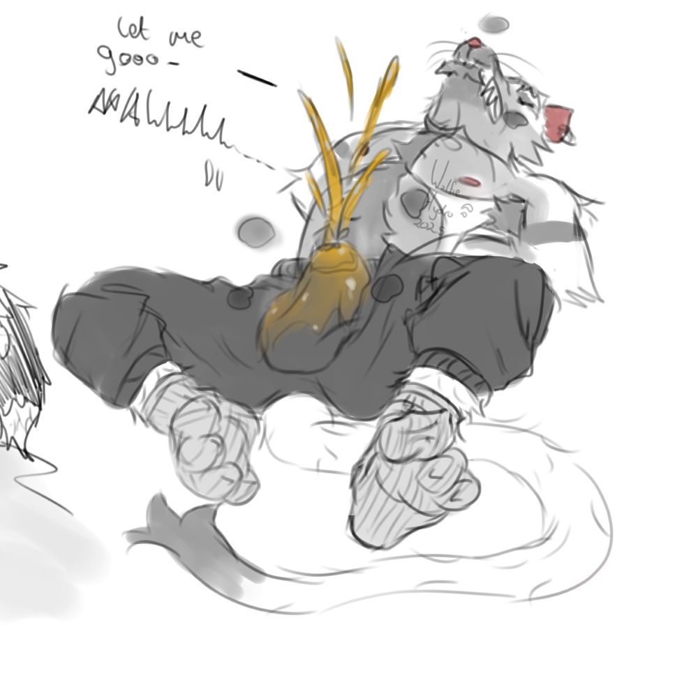 My Rat OC, Restrained by the wrists, forced to piss himself while wearing joggers and socks. 