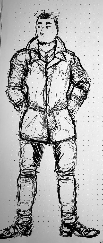 Character sheet of male lead Peter in a trench jacket and denim pants. He stands akimbo with his hands in his pockets as he turns his head slightly and looks to the side.