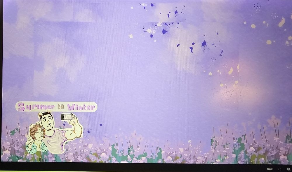 [Digital wallpaper] Purple fields and skies with petals and leaves fluttering against a lightly clouded sky. Yanina and Peter taking a selfie in the lower-left corner and the Summer to Winter title in similar pastel lavender colors