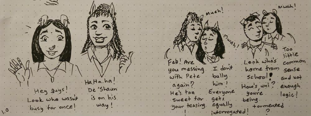 2 panels of cousins, Sita and AnnJeanette. Cousin AnnJeanette says Cousin De'Shaun(Sita's brother) will be with them shortly. Both cousins greet-kiss both cousins. 