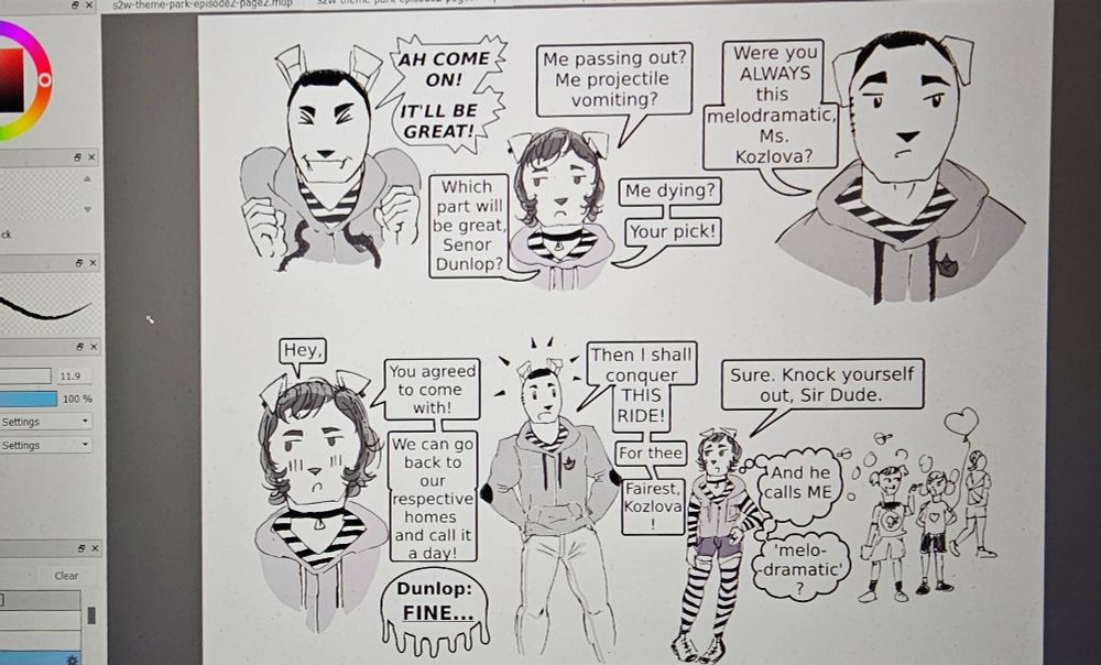 FireAlpaca interface: 4 panels of Peter excitedly trying to convince Yanina to join him on one of the rollercoasters and she is emphatically saying how many ways she could die before he stands dramatically to announce to her he will ride for her as a knight with a lady. She thinks how he called her melodramatic when he is acting extra.