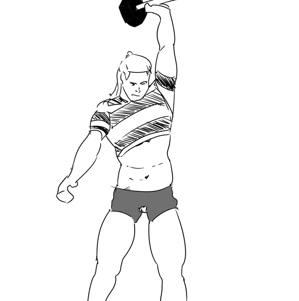 A sketch of a large bodybuilder woman. She's looking down and holding a large weight overhead.