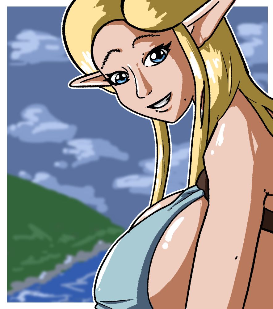 A drawing of a cartoon elf smiling at the viewer with a bit of sideboob visible, rendered in a cartoonish style. A blurry landscape is in the background, and the colors are saturated.