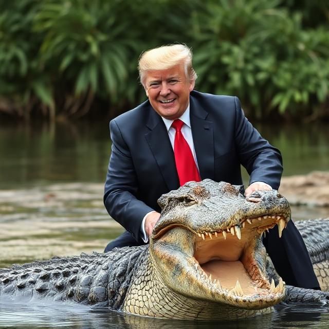 Donald Trump smiling and sitting on a crocodile