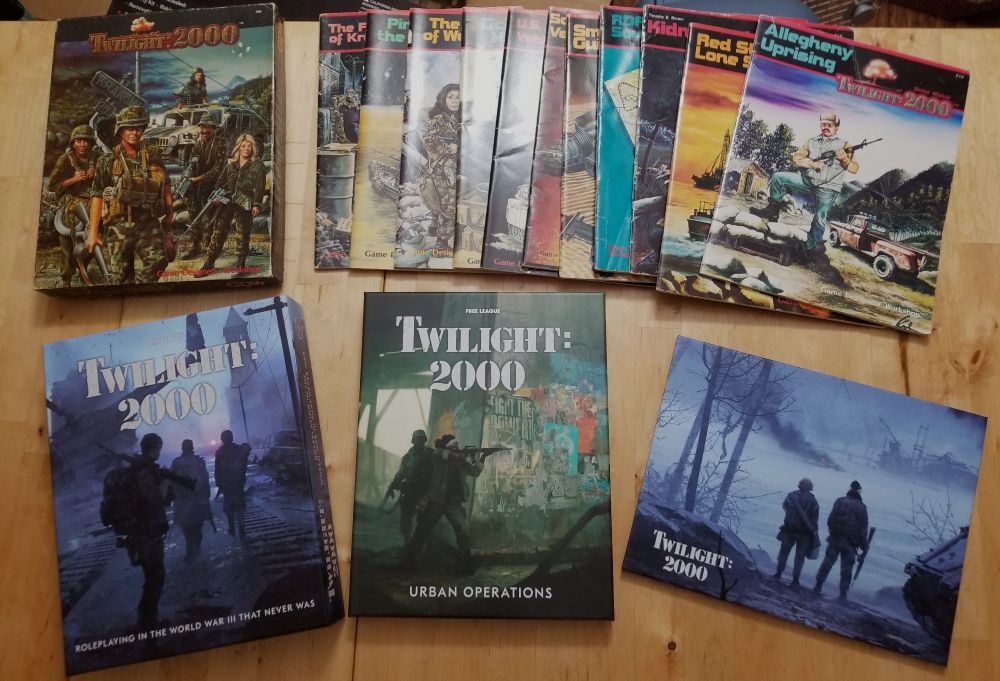 Collection of the table top role playing game Twilight 2000, including the original GDW set from the mid 80s with 11 supplemental books and the Free League edition from 2021 along with the referee's screen and Urban Operations boxed supplement.
