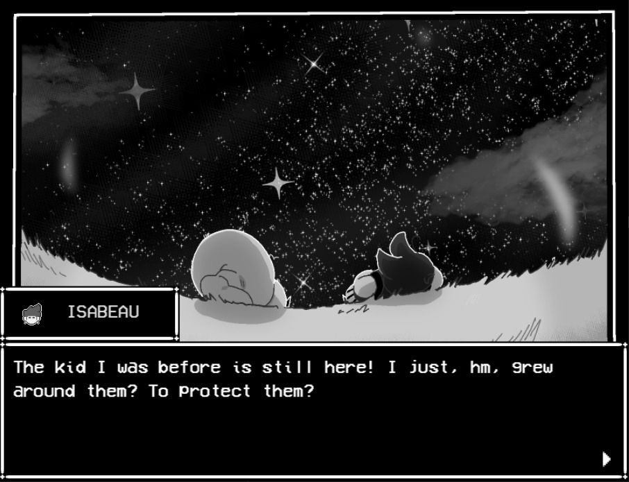 in stars and time screenshot. isabeau, a trans man, says "the kid i was is still here! i just, hm, grew around them? to protect them?"