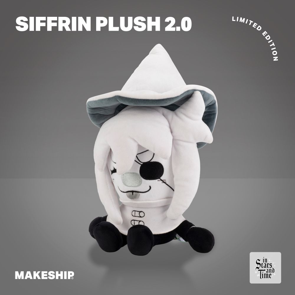 promo image of the siffrin plushie. they are happy and sticking their tongue out!