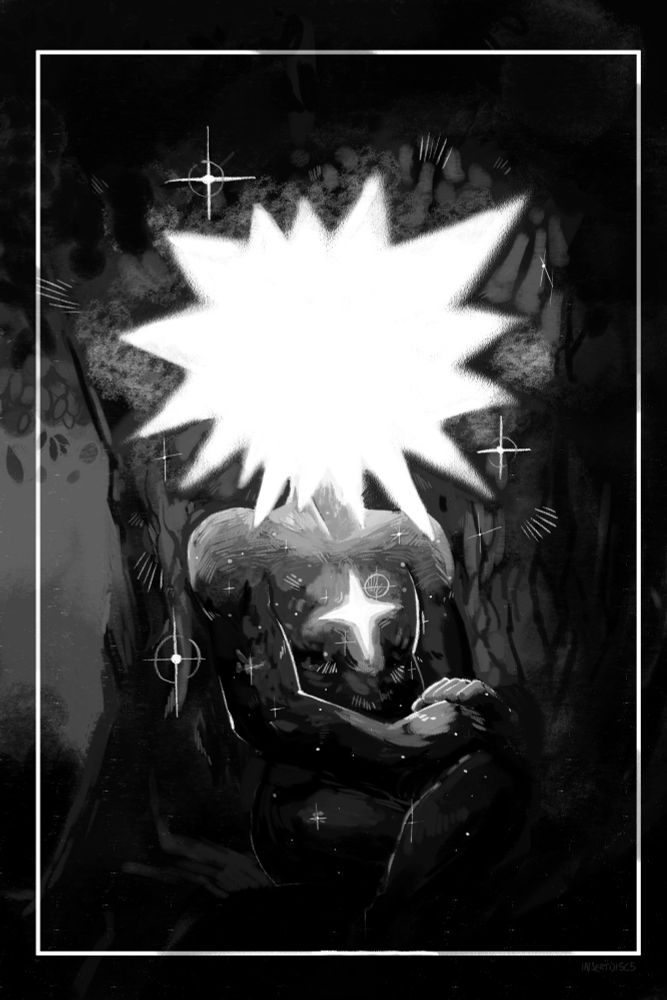 a painting of Loop from in stars and time, their star head glowing so bright you can't tell their expression.