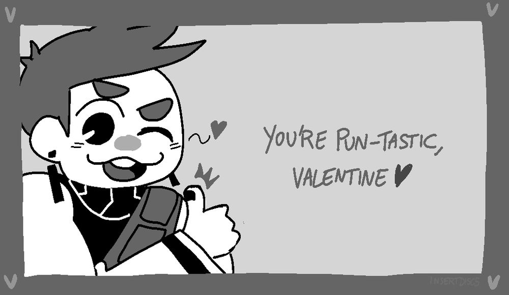 isabeau valentines card. isabeau is cutely giving a thumbs up. the card says "you're pun-tastic, valentine"